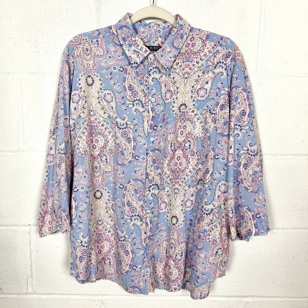 Lauren Ralph Lauren Button Up Top Monogram Pastel Paisley Preppy Heritage SZ XL